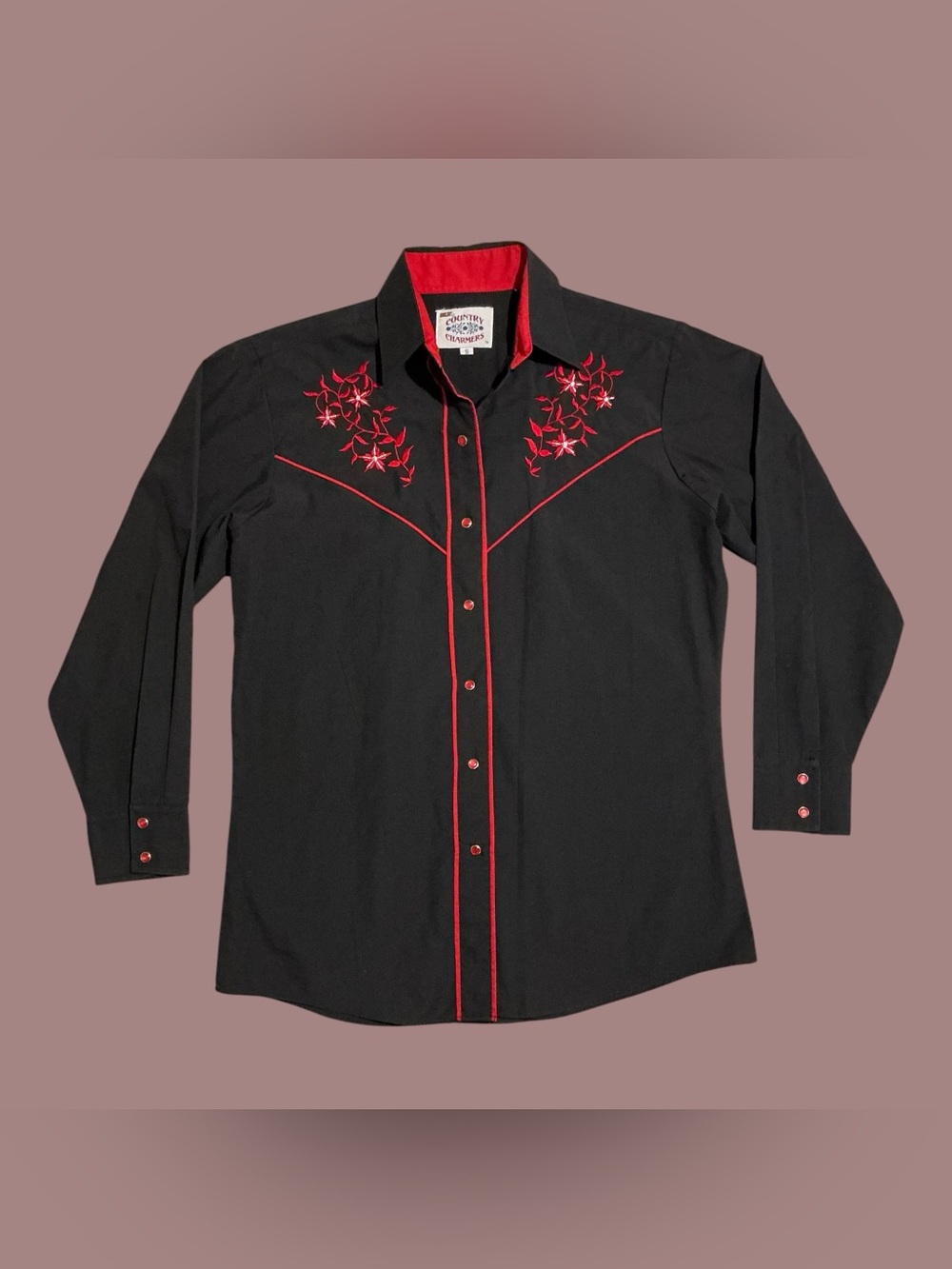 Vintage Country Charmers Black & Red Floral Embroidered Western Shirt S
